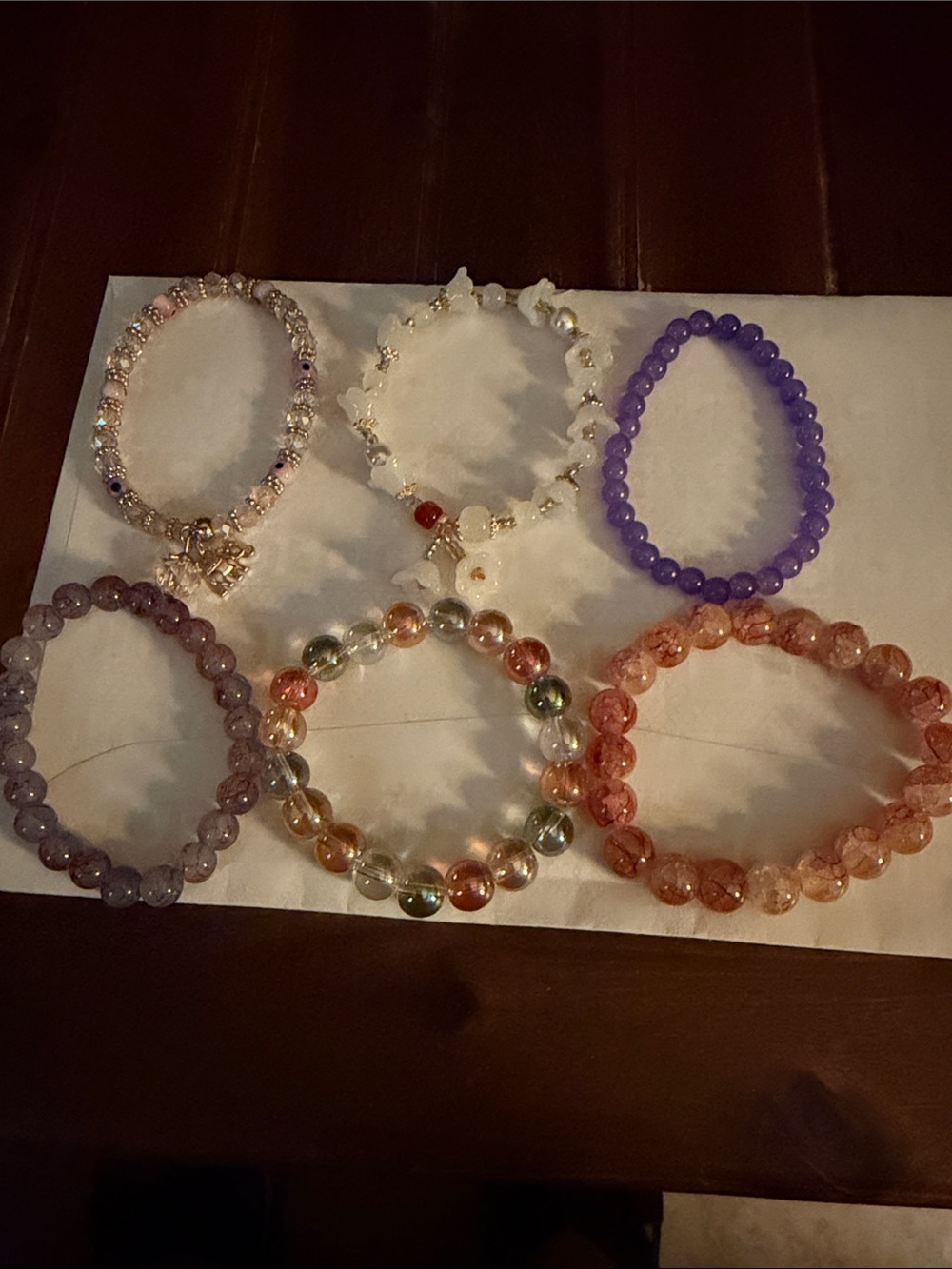 Set of 6-Mixed Bead Stretch Bracelet Set - Purple, Pink, White,#9